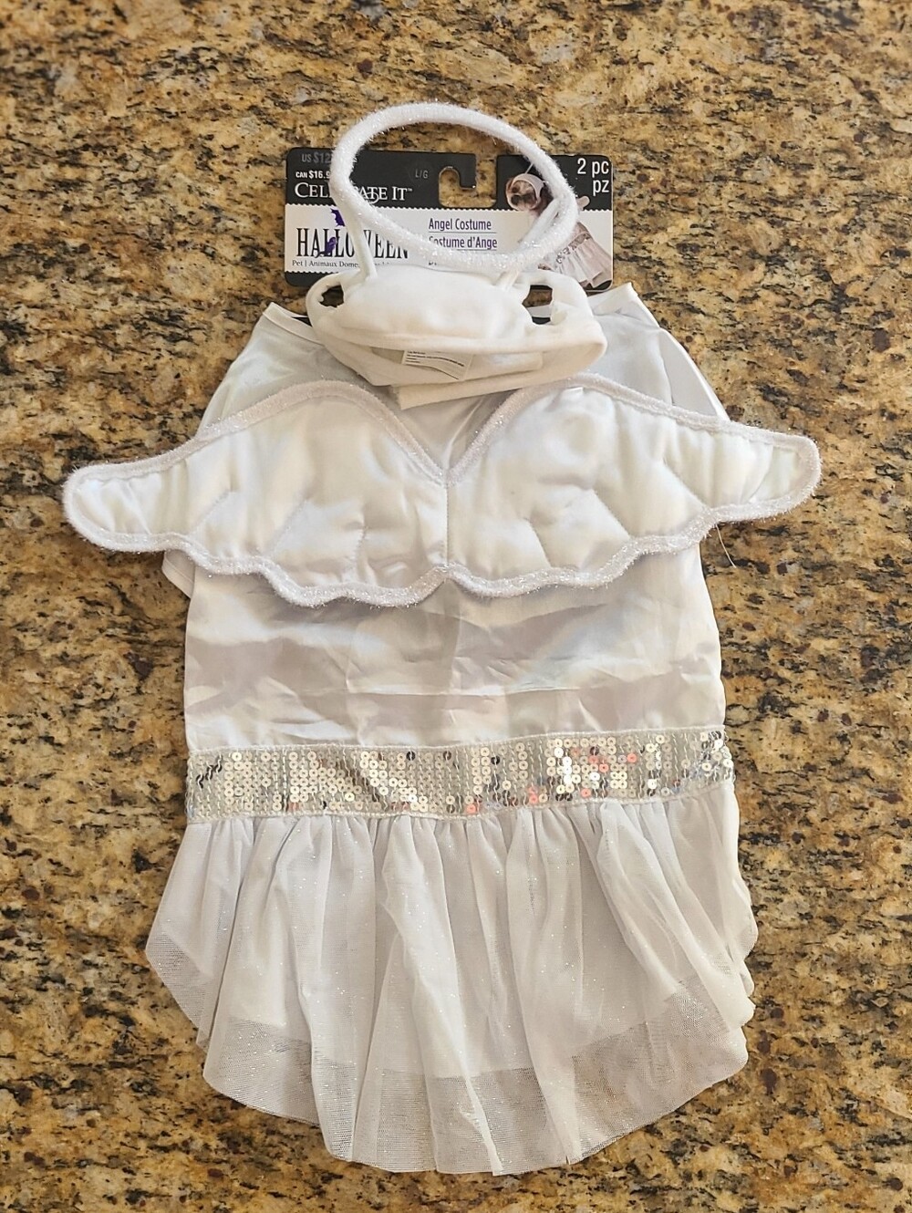 Celebrate It White Angel Dog Costume with Sequin Waistband and Halo Headband